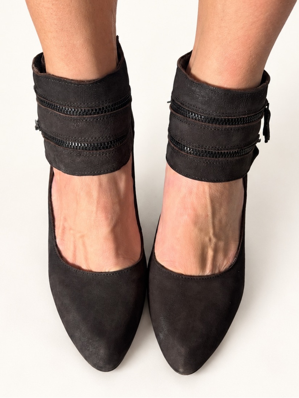 Fly London Grey Nubuck Leather Ankle Cuff Zippers Cutout sculpted Heels US 8-8.5